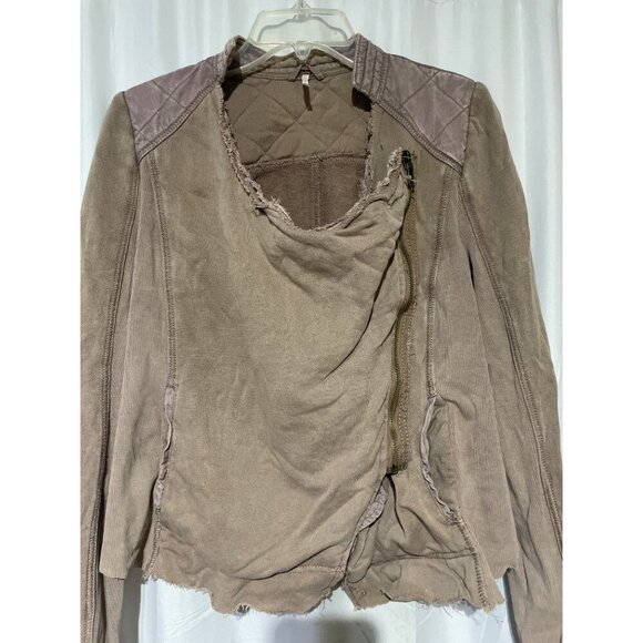 Free People Womens Distressed Brown Indie Jacket With Zipper Closure - Picture 2 of 4